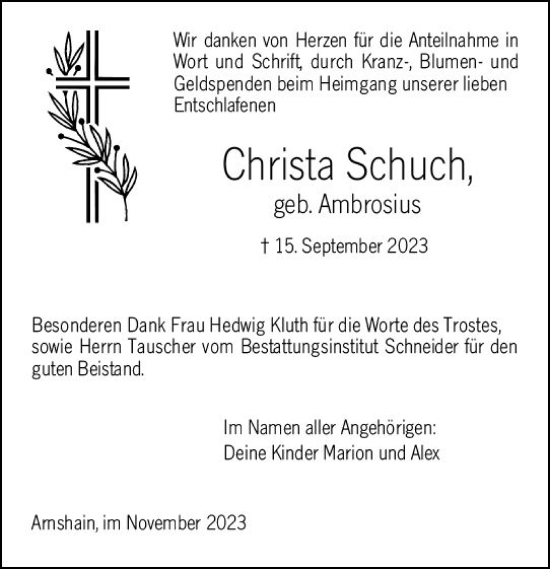 Traueranzeige von Christa Schuch von Oberhessen Kurier