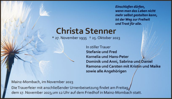 Traueranzeige von Christa Stenner von Allgemeine Zeitung Mainz