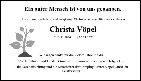 Traueranzeige von Christa Vöpel von Allgemeine Zeitung Mainz