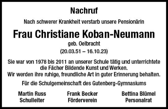Traueranzeige von Christiane Koban-Neumann von Allgemeine Zeitung Mainz