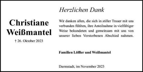 Traueranzeige von Christiane Weißmantel von Darmstädter Echo