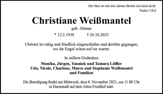 Traueranzeige von Christiane Weißmantel von Darmstädter Echo