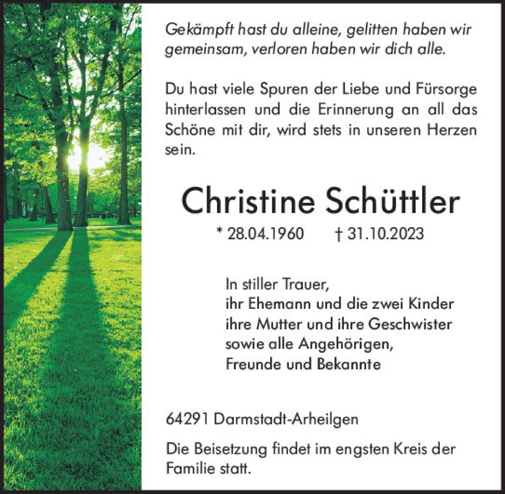  Traueranzeige für Christine Schüttler vom 04.11.2023 aus Darmstädter Echo