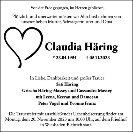 Traueranzeige von Claudia Häring von Wiesbadener Kurier