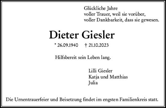 Traueranzeige von Dieter Giesler von Wiesbadener Kurier