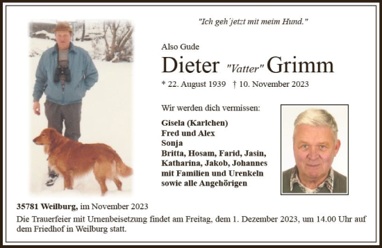 Traueranzeige von Dieter Grimm von Weilburger Tageblatt