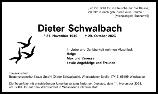 Traueranzeige von Dieter Schwalbach von Wiesbadener Kurier