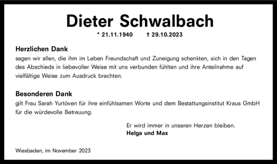Traueranzeige von Dieter Schwalbach von Wiesbadener Kurier