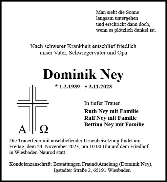 Traueranzeige von Dominik Ney von Wiesbadener Kurier
