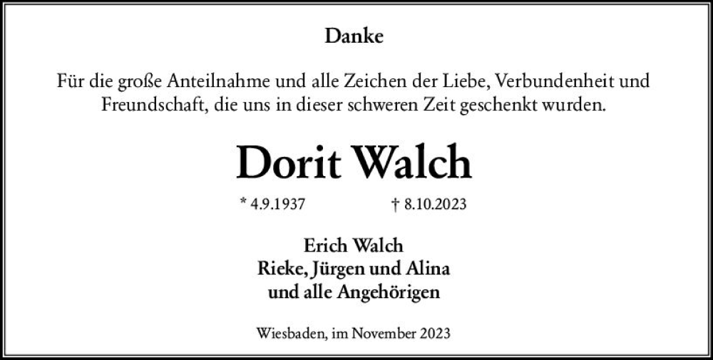  Traueranzeige für Doris Walch vom 18.11.2023 aus Wiesbadener Kurier