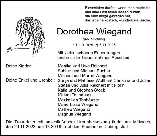 Traueranzeige von Dorothea Wiegand von Dieburger Anzeiger/Groß-Zimmerner Lokal-Anzeiger