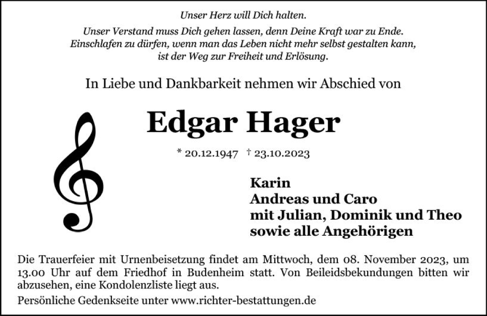  Traueranzeige für Edgar Hager vom 04.11.2023 aus Allgemeine Zeitung Mainz