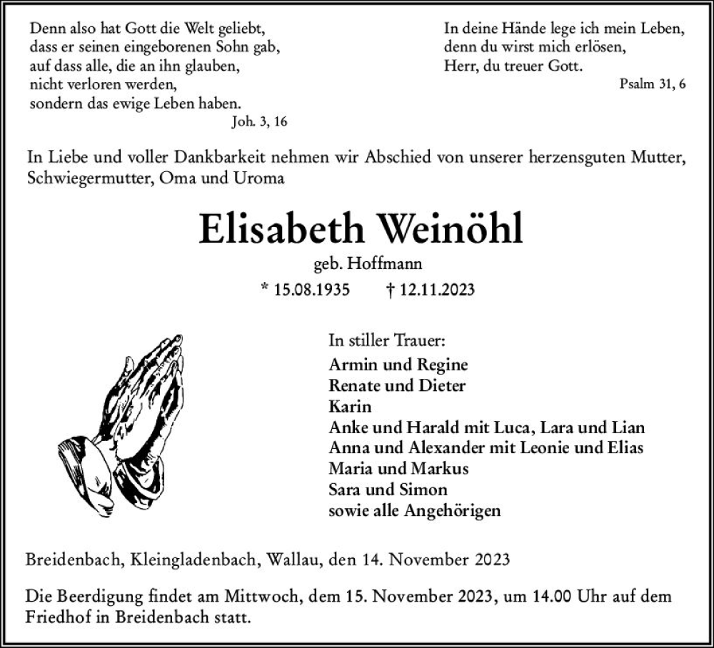  Traueranzeige für Elisabeth Weinöhl vom 14.11.2023 aus Hinterländer Anzeiger