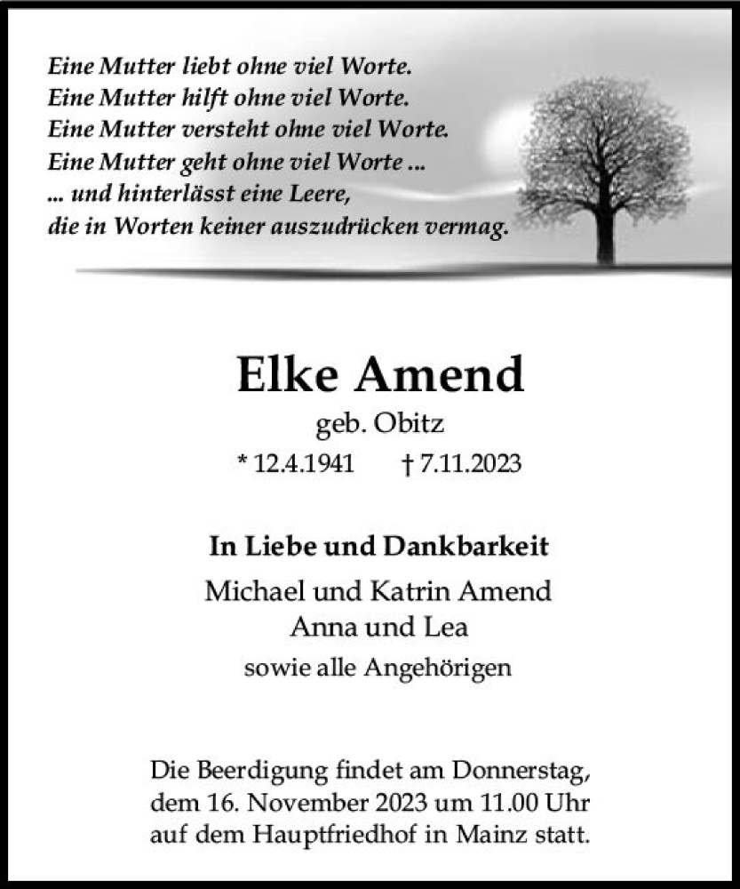  Traueranzeige für Elke Amend vom 11.11.2023 aus Allgemeine Zeitung Mainz