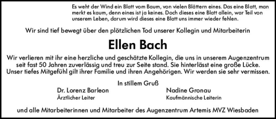 Traueranzeige von Ellen Bach von Wiesbadener Kurier