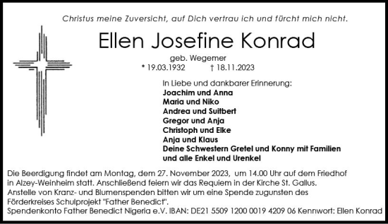 Traueranzeige von Ellen Josefine Konrad von Allgemeine Zeitung Alzey