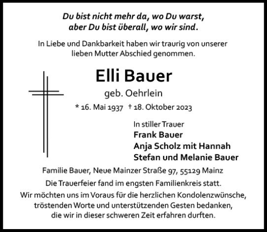 Traueranzeige von Elli Bauer von Allgemeine Zeitung Mainz