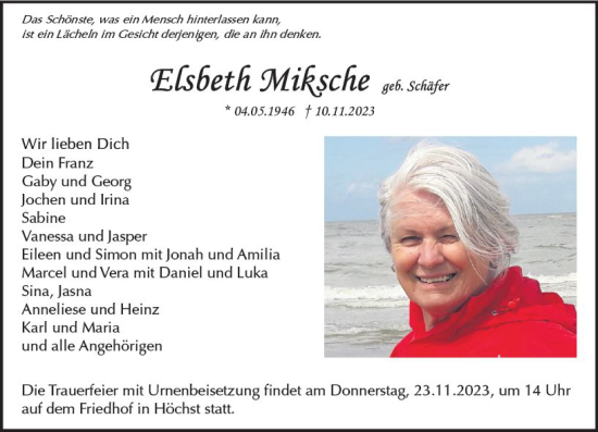 Traueranzeige von Elsbeth Miksche von Odenwälder Echo