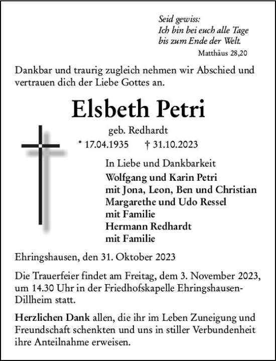 Traueranzeige von Elsbeth Petri von Wetzlarer Neue Zeitung