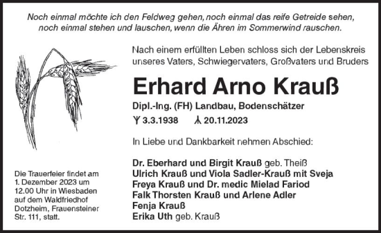 Traueranzeige von Erhard Arno Krauß von Wiesbadener Kurier