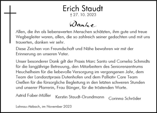 Traueranzeige von Erich Staudt von Wetzlarer Neue Zeitung