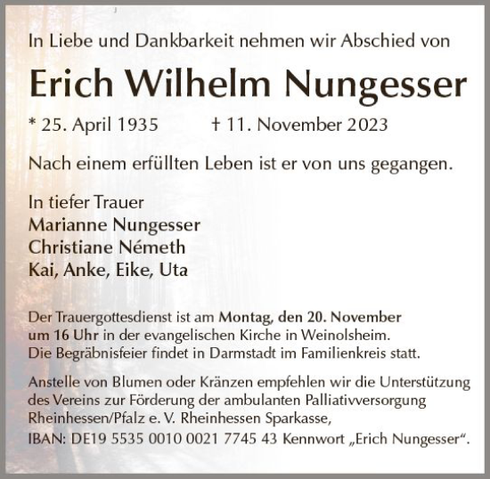 Traueranzeige von Erich Wilhelm Nungesser von Allgemeine Zeitung Mainz