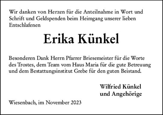 Traueranzeige von Erika Künkel von Hinterländer Anzeiger