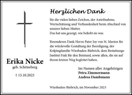 Traueranzeige von Erika Nicke von Wiesbadener Kurier