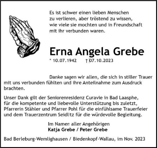 Traueranzeige von Erna Angela Grebe von Hinterländer Anzeiger