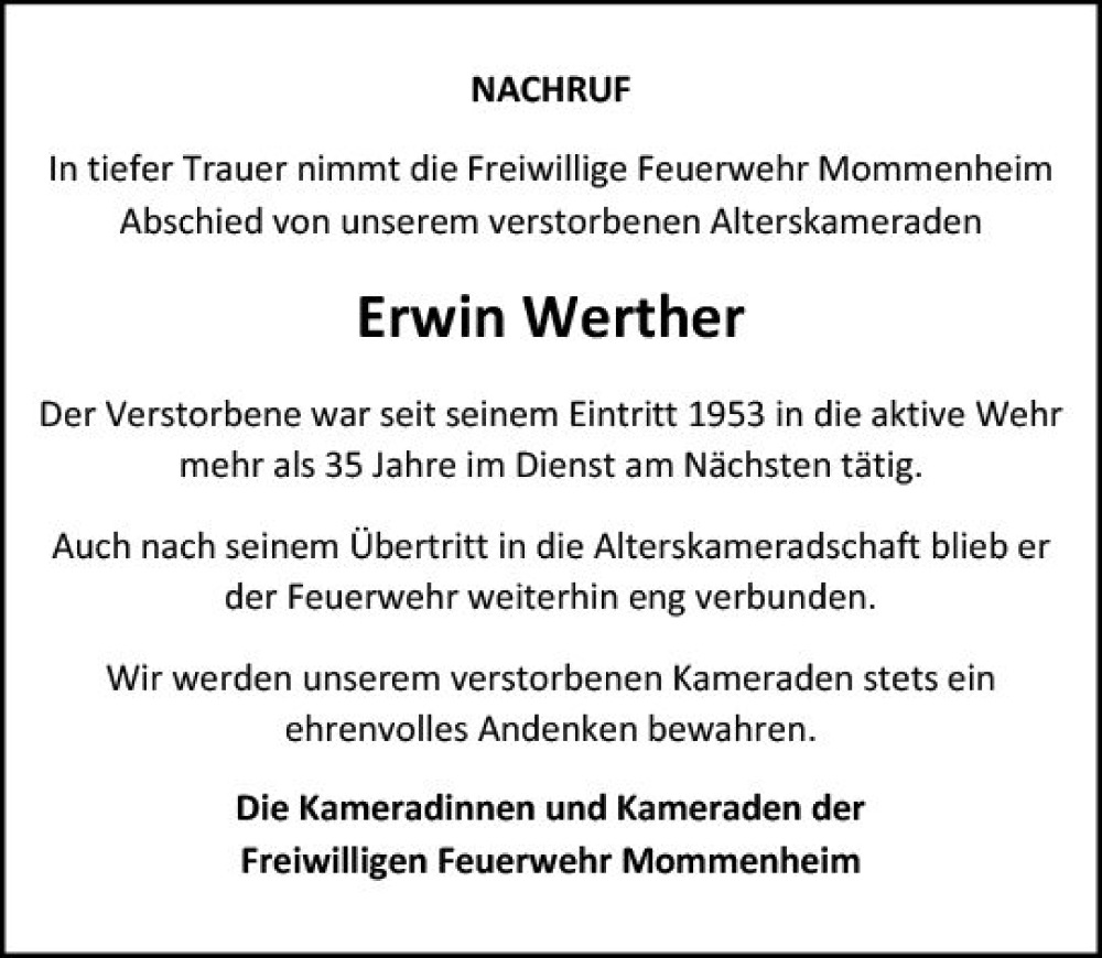  Traueranzeige für Erwin Werther vom 23.11.2023 aus Allgemeine Zeitung Mainz
