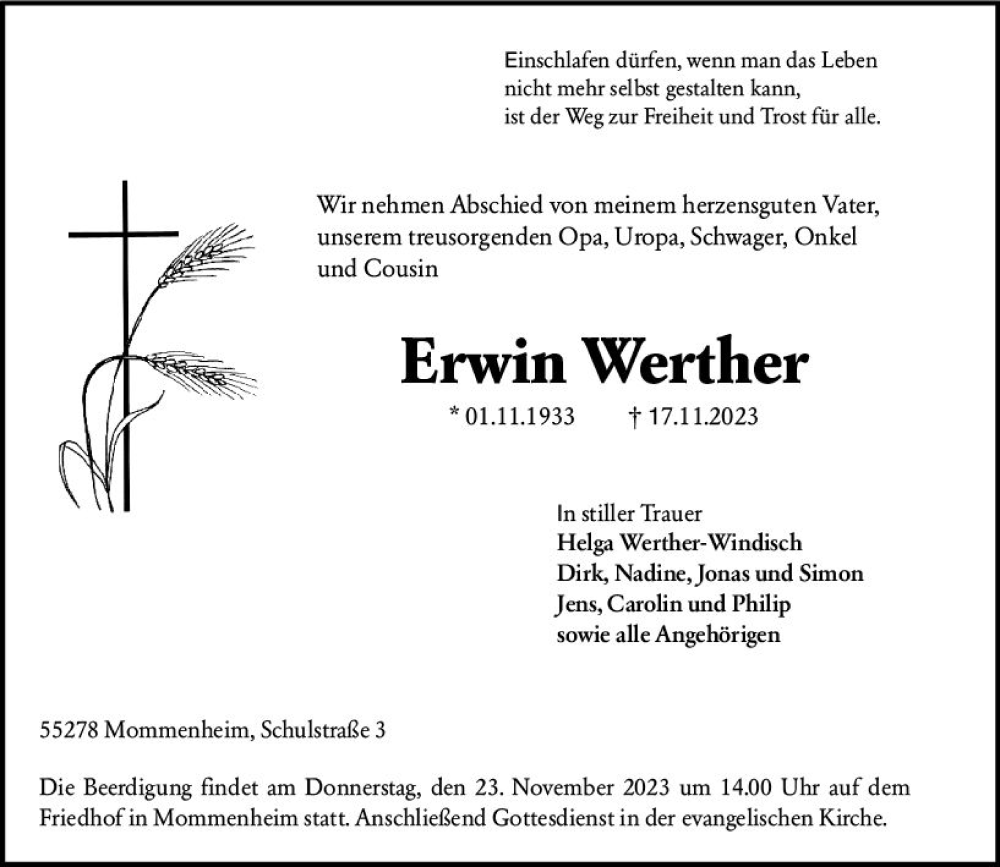  Traueranzeige für Erwin Werther vom 21.11.2023 aus Allgemeine Zeitung Mainz