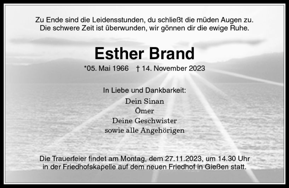  Traueranzeige für Esther Brand vom 22.11.2023 aus Wetzlarer Neue Zeitung