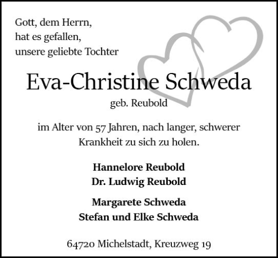 Traueranzeige von Eva-Christine Schweda von Odenwälder Echo