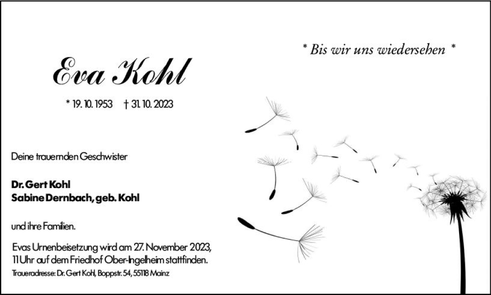  Traueranzeige für Eva Kohl vom 18.11.2023 aus Allgemeine Zeitung Mainz