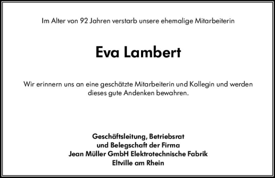Traueranzeige von Eva Lambert von Rheingau Kurier