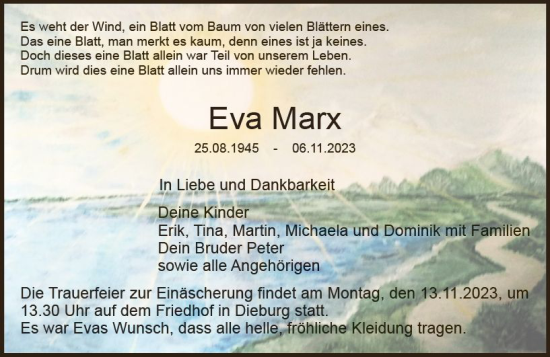 Traueranzeige von Eva Marx von Dieburger Anzeiger/Groß-Zimmerner Lokal-Anzeiger