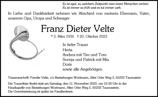 Traueranzeige von Franz Dieter Velte von Idsteiner Land/Untertaunus