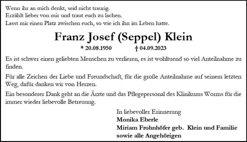  Traueranzeige für Franz Josef Klein vom 11.11.2023 aus Allgemeine Zeitung Alzey