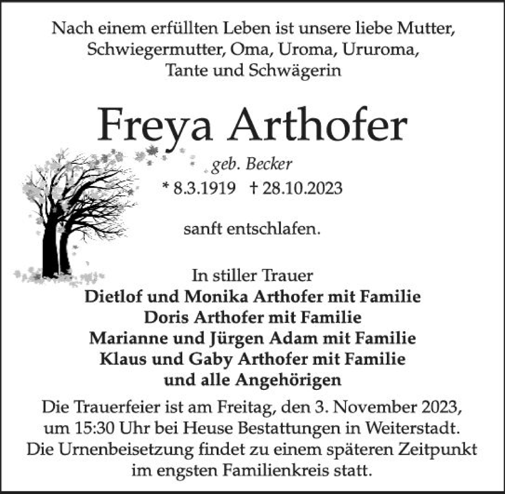  Traueranzeige für Freya Arthofer vom 01.11.2023 aus Darmstädter Echo