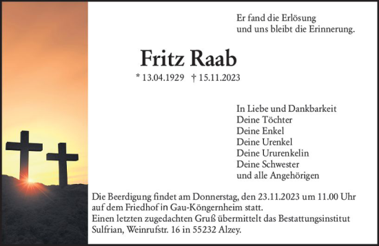 Traueranzeige von Fritz Raab von Allgemeine Zeitung Alzey