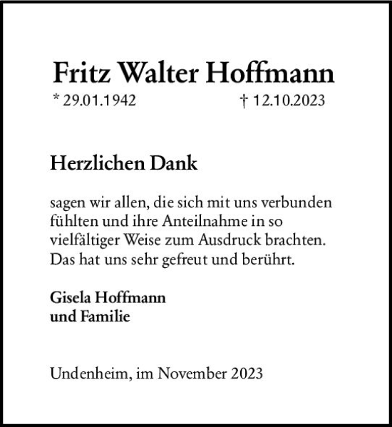 Traueranzeige von Fritz Walter Hoffmann von Allgemeine Zeitung Mainz