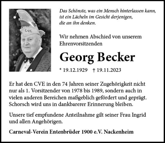 Traueranzeige von Georg Becker von Allgemeine Zeitung Mainz