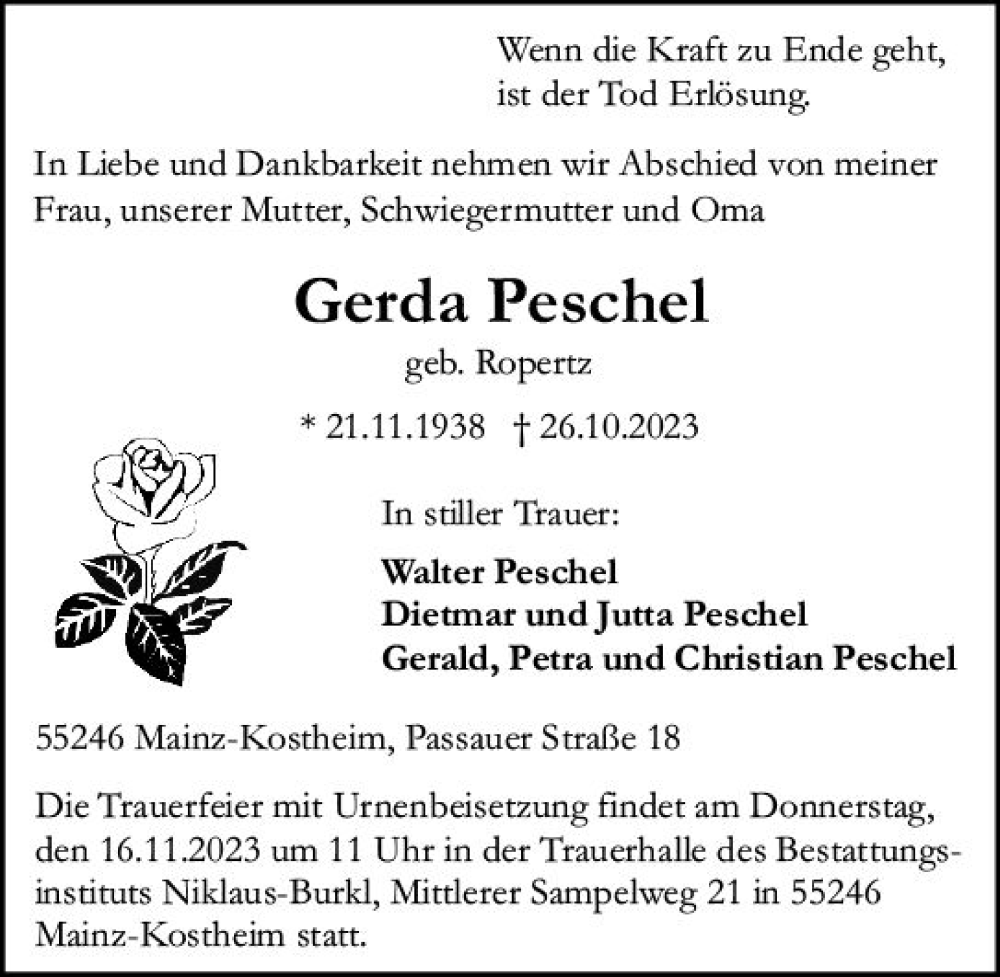  Traueranzeige für Gerda Peschel vom 11.11.2023 aus Allgemeine Zeitung Mainz