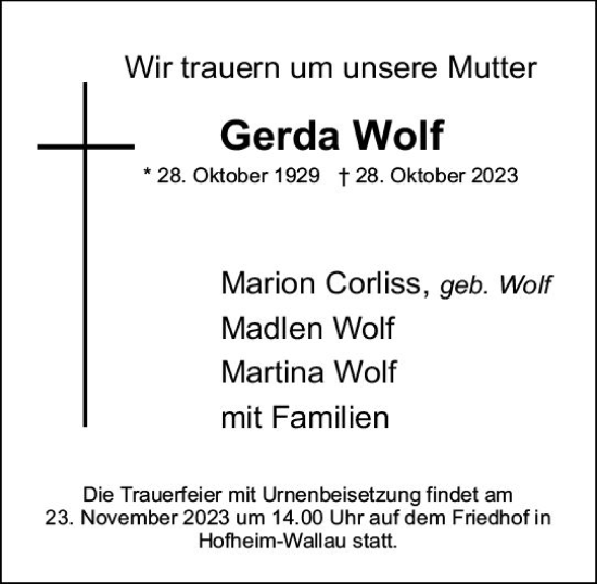 Traueranzeige von Gerda Wolf von Wiesbadener Kurier