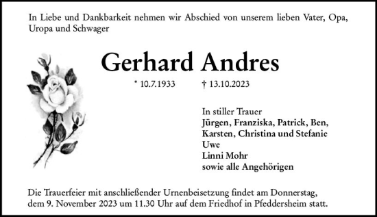 Traueranzeige von Gerhard Andres von Wormser Zeitung