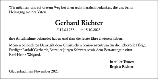 Traueranzeige von Gerhard Richter von Hinterländer Anzeiger