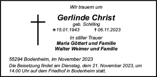 Traueranzeige von Gerlinde Christ von Allgemeine Zeitung Mainz