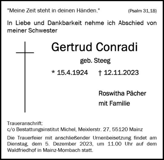 Traueranzeige von Gertrud Conradi von Allgemeine Zeitung Mainz