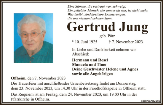 Traueranzeige von Gertrud Jung von Nassauische Neue Presse