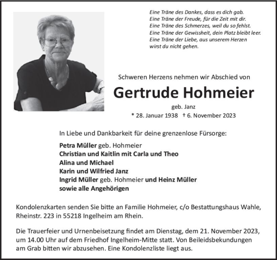 Traueranzeige von Gertrude Hohmeier von Allgemeine Zeitung Bingen/Ingelheim